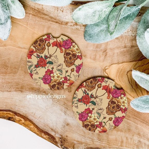 Floral Skeleton Car Coaster Set | Skeleton Car Accessories - Picture 1 of 9